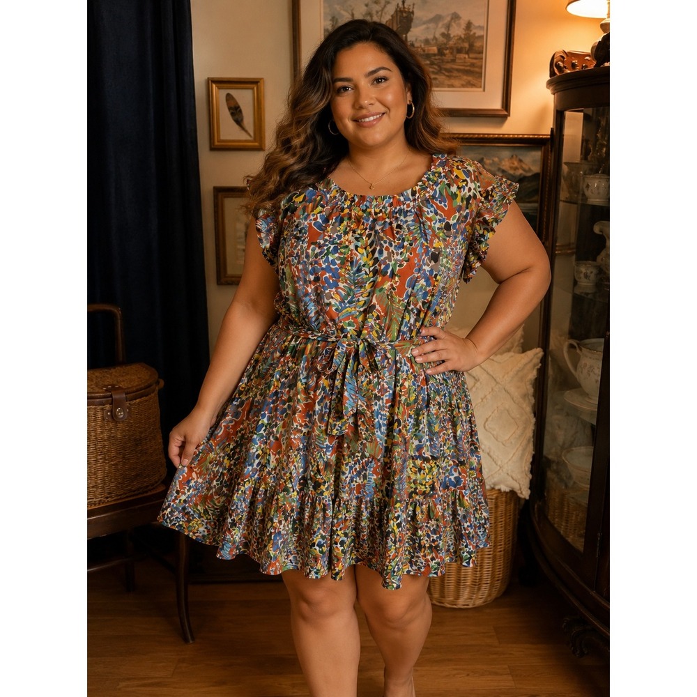 Abstract Floral Ruffle Tiered Midi Dress Multi Color Elastic Waist Belted 3X